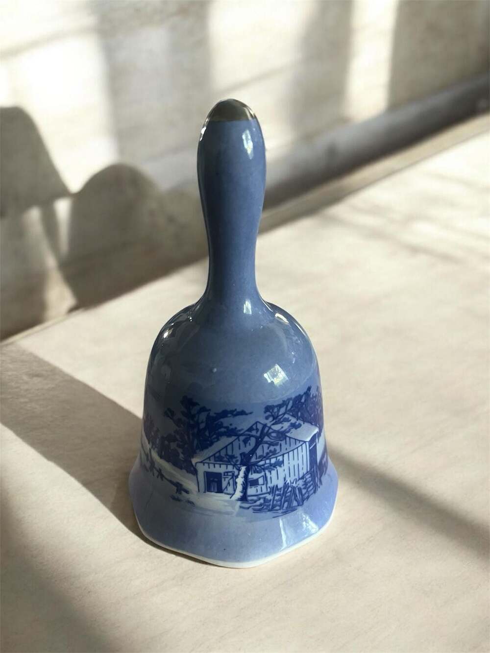 Vintage Currier and Ives The Old Homestead in Winter Blue Porcelain Bell
